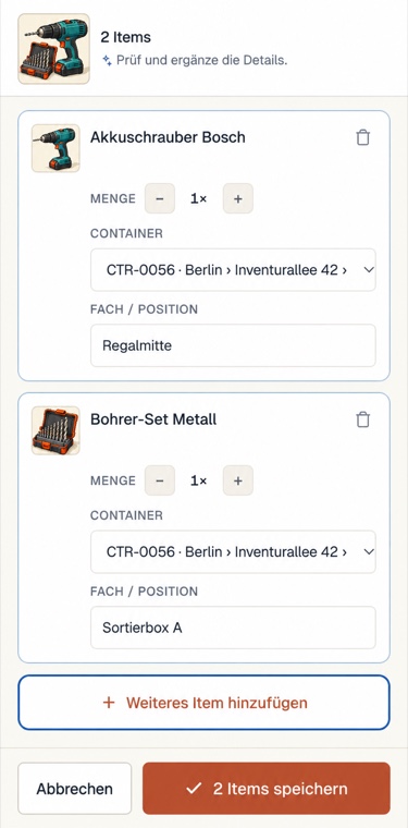 Items vor dem Speichern prüfen und einem Container zuordnen