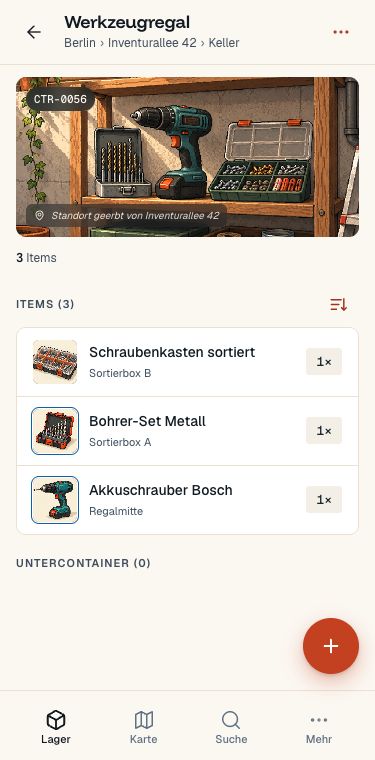 Werkzeugregal mit Item-Fotos, Mengen und geerbtem Standort