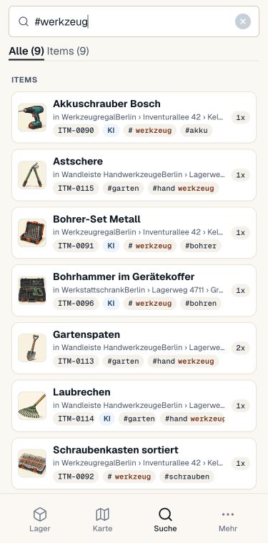 Tag-Suche nach Werkzeug mit Item-Fotos und Container-Pfaden